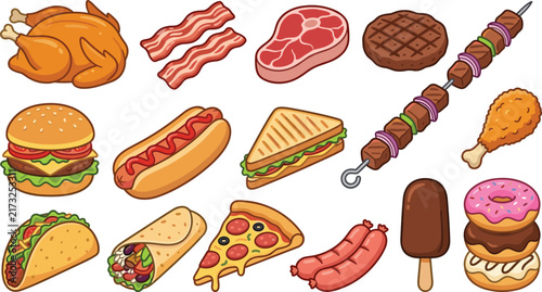 Colorful Fast Food and Grilled Meat Collection with Burger, Hot Dog, Pizza, Tacos, Fried Chicken, Sausage, Donut, and Steak Illustrations