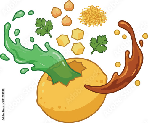 Colorful Mango Fruit Illustration with Splashing Sauce, Herbs, Pasta, and Toppings for Food Packaging, Restaurant Menus, and Culinary Designs