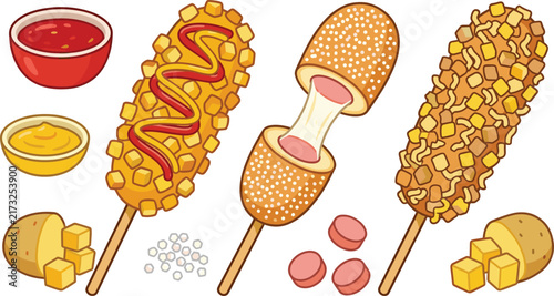 Colorful Skewered Street Food Collection with Crispy Coated Snacks, Sausages, Cheese Cubes, Dipping Sauces, and Savory Fast Food