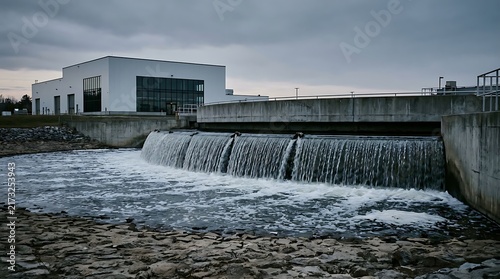 Water cascading in industrial basin at a modern water treatment facility plant.