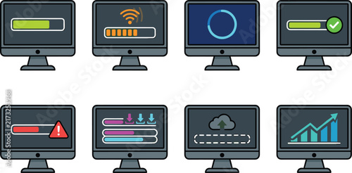 Computer Monitor System Status Icon Set with Battery Level, Wireless Connection, Loading Progress, Success, Warning, Download, Cloud Upload, and Growth Analytics