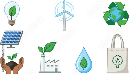 Eco Friendly Sustainability Icon Set with Renewable Energy, Solar Power, Wind Turbine, Recycling, Green Manufacturing, Water Conservation, and Reusable Shopping Bag