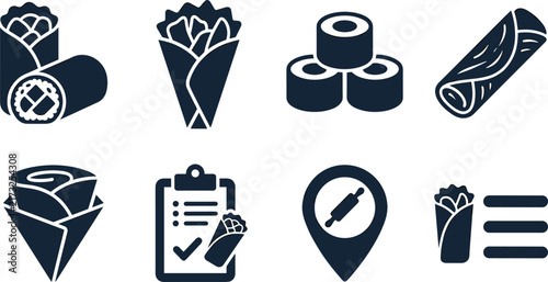 Food Packaging and Takeaway Icon Set with Sushi, Fries, Wraps, Burritos, Order Checklist, Location Pin, and Restaurant Menu Symbols