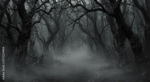 Spooky Halloween forest landscape with thick mist and gnarled trees