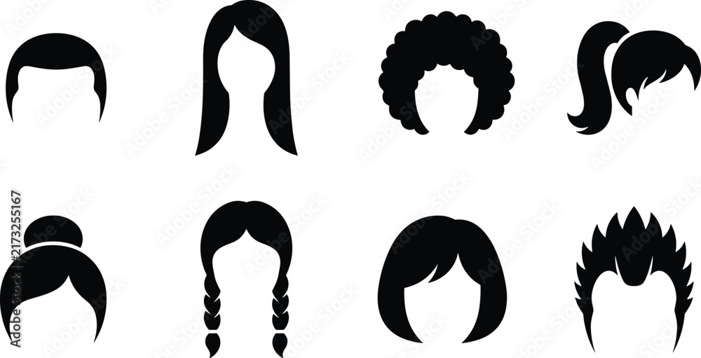 Obraz premium Men and women hairstyles and haircuts silhouette set featuring long straight hair curly afro ponytail bun braids and spiky hair