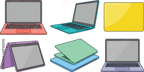 Modern Laptop and Tablet Device Collection with Colorful Portable Computers, Convertible Notebook, Digital Tablet, and Technology Accessories