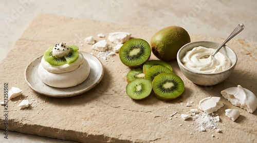 Delicious mini pavlova kiwi dessert served with whipped cream and meringue pieces on a rustic stone surface for professional restaurant styling and marketing.