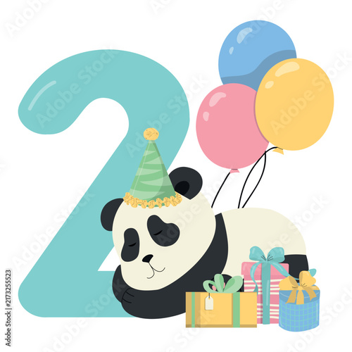 Panda with the number two. A cute bear wearing party hat holding gifts and balloons. A lovely children’s birthday card. Vector illustration for a greeting card, invitation, party card, postcard.