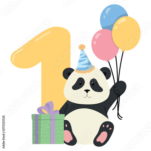 Birthday card for a 1 years old. Baby panda wearing festive cap holding gifts and balloons. Vector illustration for greeting card, invitation, party celebration postcard.