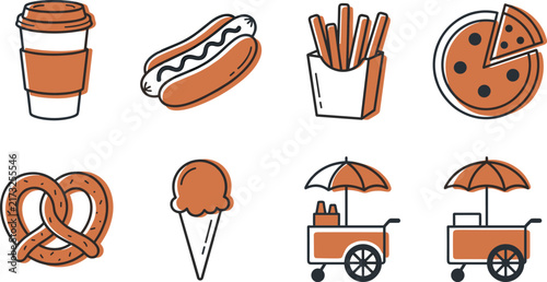 Street Food and Refreshment Icon Collection with Coffee Cup, Hot Dog, French Fries, Pizza, Pretzel, Ice Cream, and Food Carts