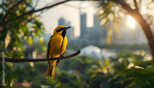 A bright yellow black-naped oriole perched on a tree branch surrounded by lush tropical foliage, with a softly blurred city skyline and warm sunlight in the background. Peaceful urban wildlife and nat