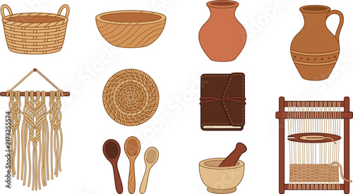 Traditional Handmade Craft Collection with Woven Basket, Wooden Bowls, Ceramic Jugs, Macrame Wall Hanging, Loom, Mortar, and Wooden Spoons