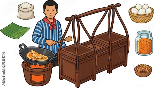 Traditional Street Food Vendor Cooking Savory Snacks with Wooden Cart, Wok, Fire Stove, Rice, Eggs, Spices, and Authentic Market Ingredients