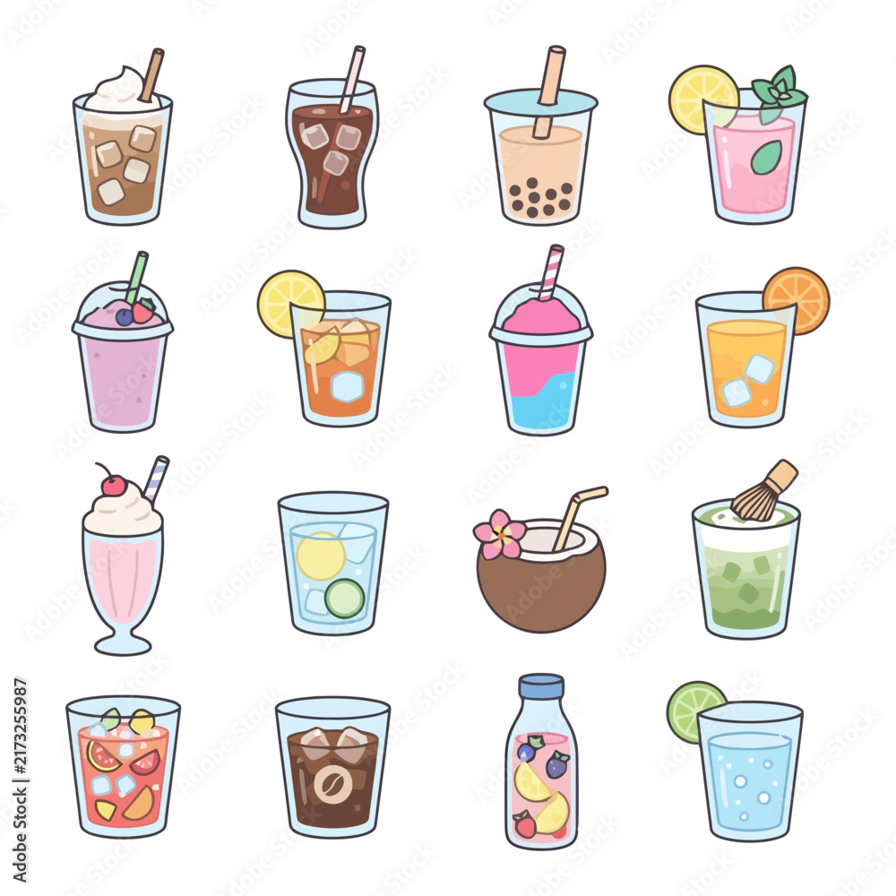 Fototapeta premium Collection of refreshing beverages: bubble tea, smoothies, cocktails, and more.
