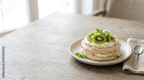 A delicious pavlova kiwi dessert topped with fresh whipped cream and vibrant kiwi slices served on a rustic wooden table with soft natural window light.