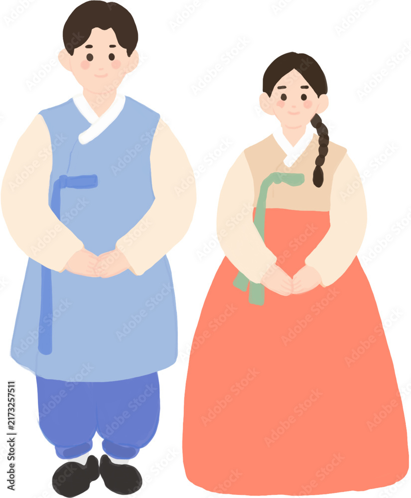 Obraz premium Young Man and Woman Standing in Traditional Korean Hanbok PNG Illustration