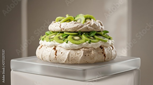 A delicious pavlova kiwi cake layered with whipped cream and fresh fruit slices presented on a elegant pedestal stand in a bright studio setting with copy space.
