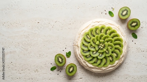 Homemade pavlova kiwi dessert cake topped with fresh sliced fruit and whipped cream on a neutral stone background with ample copy space for text.