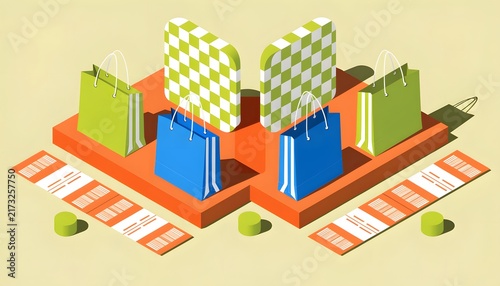 Isometric 3D Shopping Bag Vector Illustration for Retail and E-commerce Marketing with Barcodes and Commercial Elements