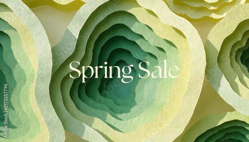 Spring Sale Promotional Background with Organic 3D Layered Paper Cut Art in Green and Yellow Tones