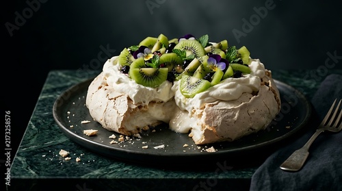 A delicious pavlova kiwi dessert topped with fresh sliced fruit and whipped cream served on a dark rustic plate for a professional food photography shot.