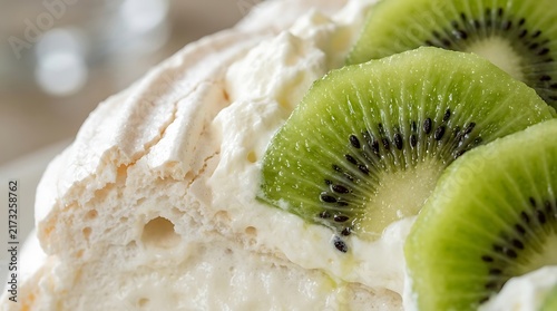 Close-up shot of a delicious homemade pavlova kiwi dessert topped with fresh sliced green kiwifruit and thick whipped cream on a crispy meringue base.