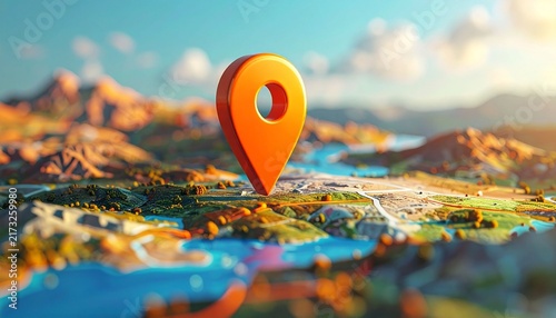 An orange location pin icon is placed against a map background, representing navigation and direction, as well as travel and exploration within the context of the digital world.