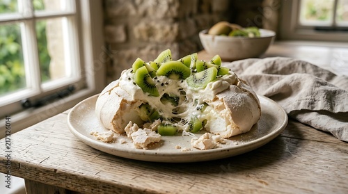 A delicious pavlova kiwi dessert topped with fresh sliced fruit and whipped cream sits on a rustic wooden table by a window with natural light.