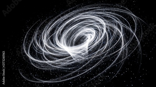 Spiral vortex of bright white light spins against a deep black void space.