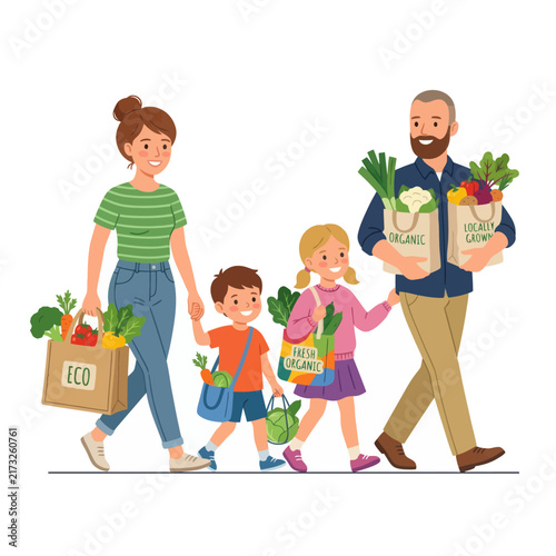 Happy family with children carrying reusable bags filled with fresh organic vegetables and fruits after grocery shopping