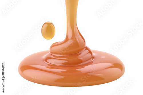Viscous amber honey pool with rich golden tone and thick dripping thread with suspended droplet isolated on transparent background for tea packaging