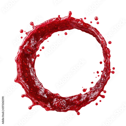 Vivid scarlet raspberry sauce curved arc splash with dynamic liquid ejection and glossy highlights isolated on transparent background for action design texture