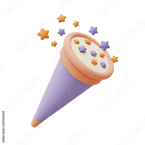 Whimsical purple party popper with star shaped confetti isolated on transparent background for magical celebration and kids party design