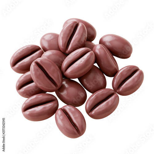 Whimsical scattered coffee beans with deep mauve soft clay finish isolated on transparent background for culinary app experience