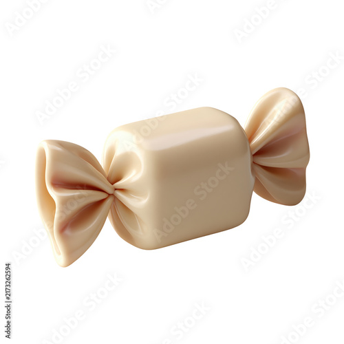 Whimsical twisted taffy candy with smooth beige rectangular bar and ruffled blush pink ribbon ends isolated on transparent background for candy branding matte