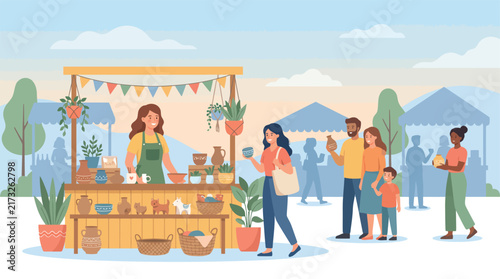 Pottery stall at an outdoor artisan market vector illustration