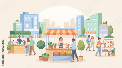 Vector illustration of people at an outdoor city farmers market