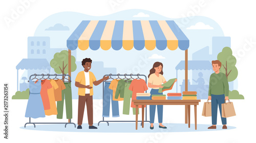 Vector illustration of people shopping at an outdoor clothing market