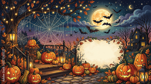 A Halloween scene featuring a large moon in the background, with pumpkins, spiders, cobwebs, and a flock of bats circling around
