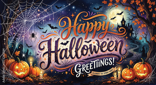 A Halloween scene featuring a large moon in the background, with pumpkins, spiders, cobwebs, and a flock of bats circling around