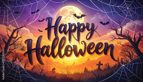 A Halloween scene featuring a large moon in the background, with pumpkins, spiders, cobwebs, and a flock of bats circling around