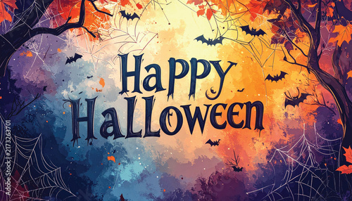A Halloween scene featuring a large moon in the background, with pumpkins, spiders, cobwebs, and a flock of bats circling around