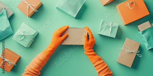 Hands in bright orange gloves holding gift box with other wrapped presents on pastel background