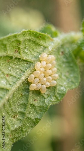 Cluster of insect eggs laid on a green plant leaf in a natural outdoor garden environment