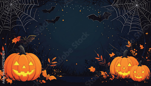 A Halloween scene featuring a large moon in the background, with pumpkins, spiders, cobwebs, and a flock of bats circling around