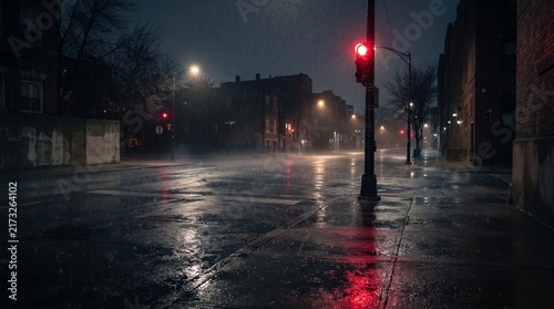 A solitary red traffic signal illuminates a rain-slicked city intersection during a moody and dark evening storm in an urban neighborhood environment