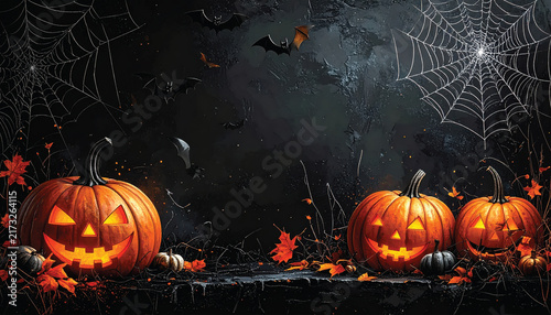 A Halloween scene featuring a large moon in the background, with pumpkins, spiders, cobwebs, and a flock of bats circling around