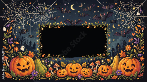 A Halloween scene featuring a large moon in the background, with pumpkins, spiders, cobwebs, and a flock of bats circling around
