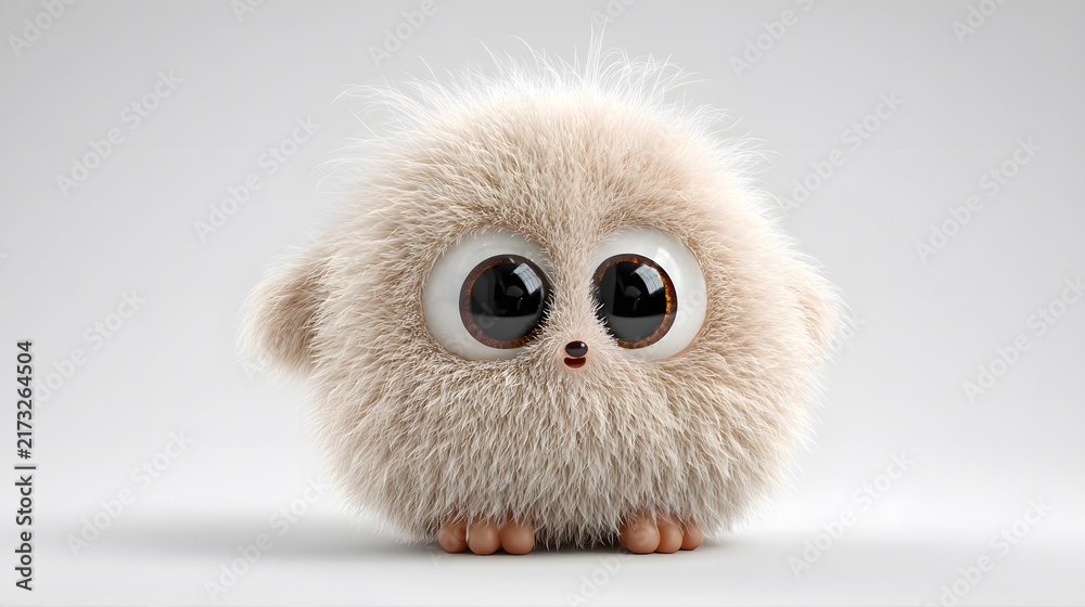 Fototapeta premium Adorable Fluffy Owl Plush Toy with Big Eyes and Small Beak on White Background