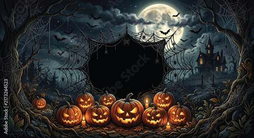 A Halloween scene featuring a large moon in the background, with pumpkins, spiders, cobwebs, and a flock of bats circling around